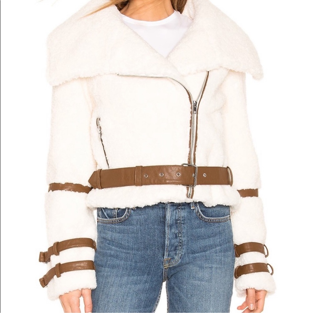 Tularosa Cream Faux Shearling Moto Jacket with Brown Trim Details